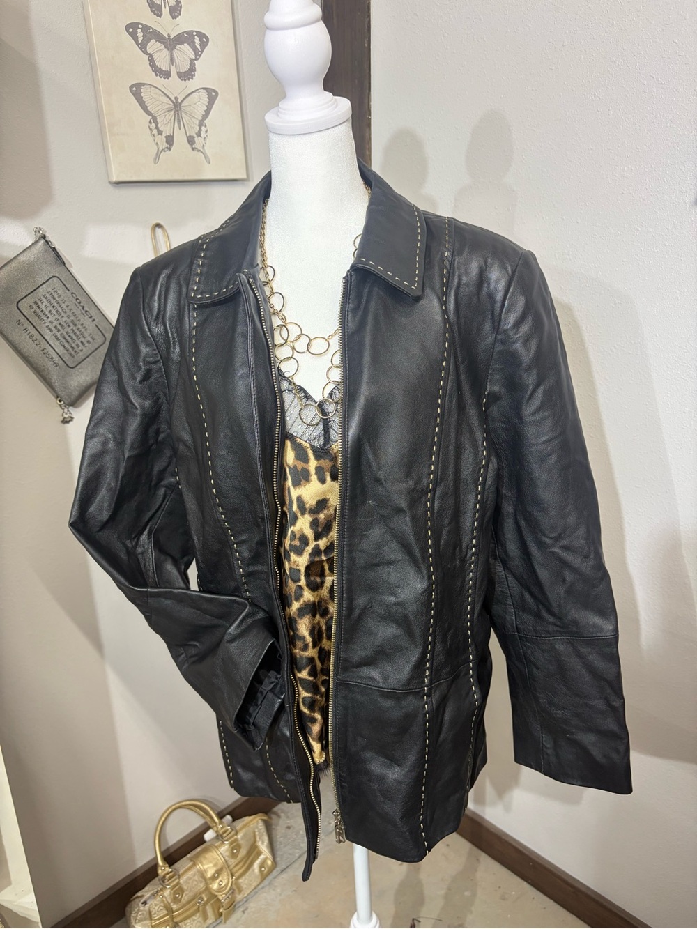 Annex Classic Black Leather Jacket with Stitch Detail